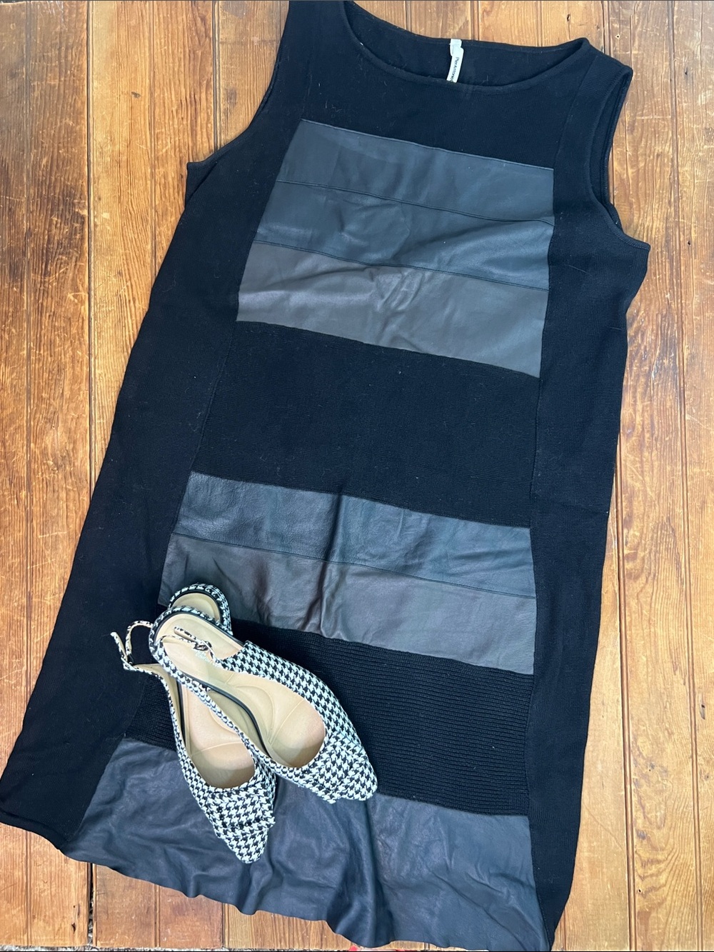Vintage 90s Pier Antonio Gaspari Black Sleeveless  Dress wool with Leather midi